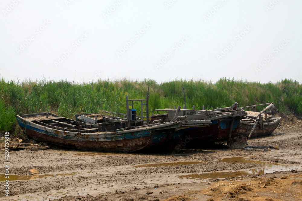 Broken fishing boats on land