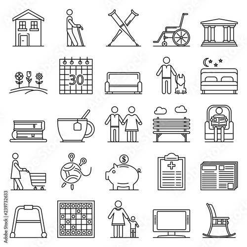 Pension icon set. Outline set of pension vector icons for web design isolated on white background