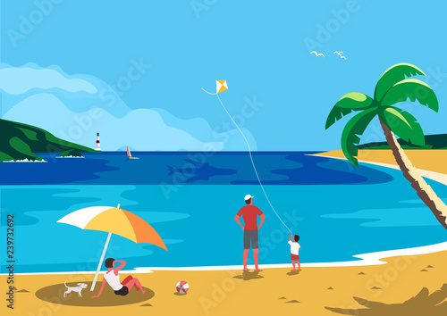 Family seaside leisure relax. Ocean scene view landscape. Hand drawn pop art retro style. Holiday vacation season sea travel leisure. Sea beach recreation. Vector tourist trip advertisement background