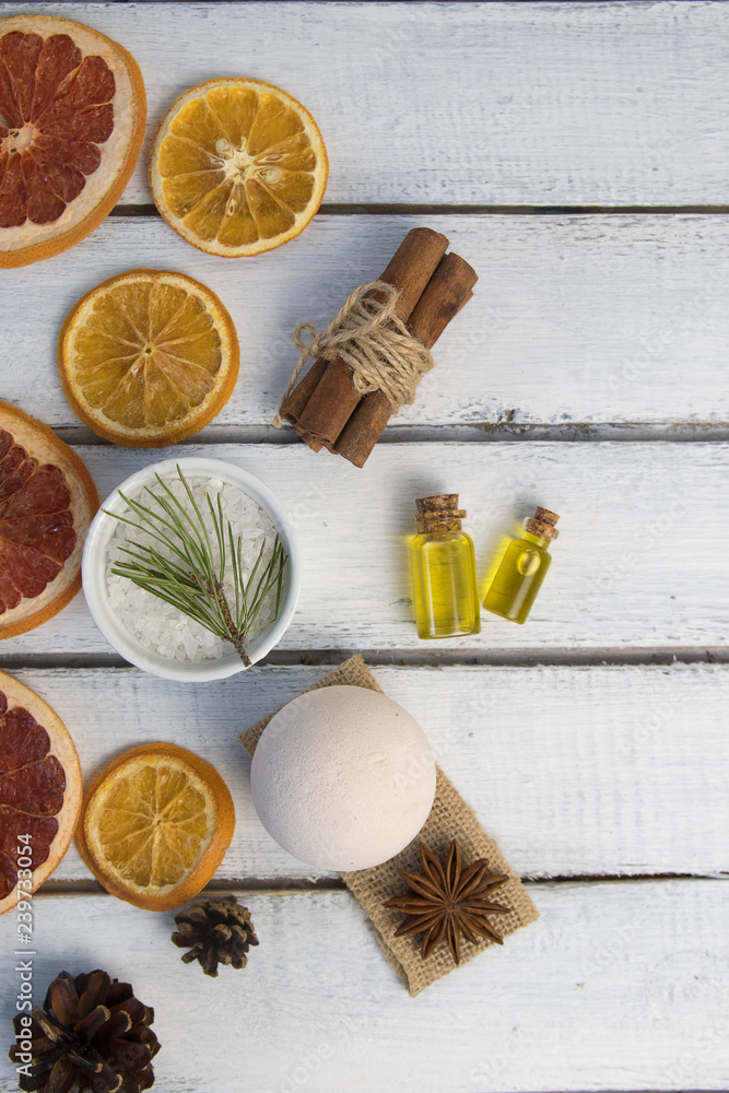 sea salt for bath, bath bomb and body oil with cinnamon, orange and spices sea salt for bath, bath bomb and body oil with cinnamon, orange and spices