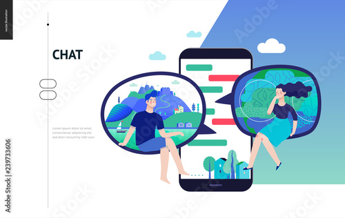 Business series, color 3 - chat - modern flat vector illustration concept of people chating in messenger and the chat app on the phone screen. Creative landing page or company support design template