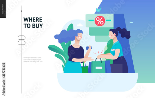 Business series, color 3 - where to buy - modern flat vector illustration concept of a customer and a shop assistant. Selling interaction and purchasing process. Creative landing page design template