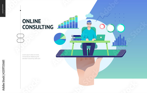 Business series, color 3 - expert online consulting -modern flat vector illustration concept of consultant online from smartphone. Consulting interaction process. Creative landing page design template