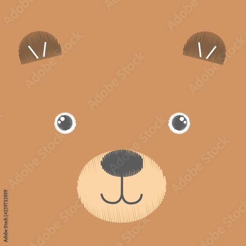 Vector illustration of embroidery of brown toy teddy bear. Baby kawaii anime smiling face isolated on an empty background. Sketch, hand drawn imitation. Can be used as card, poster, print for t-shirt
