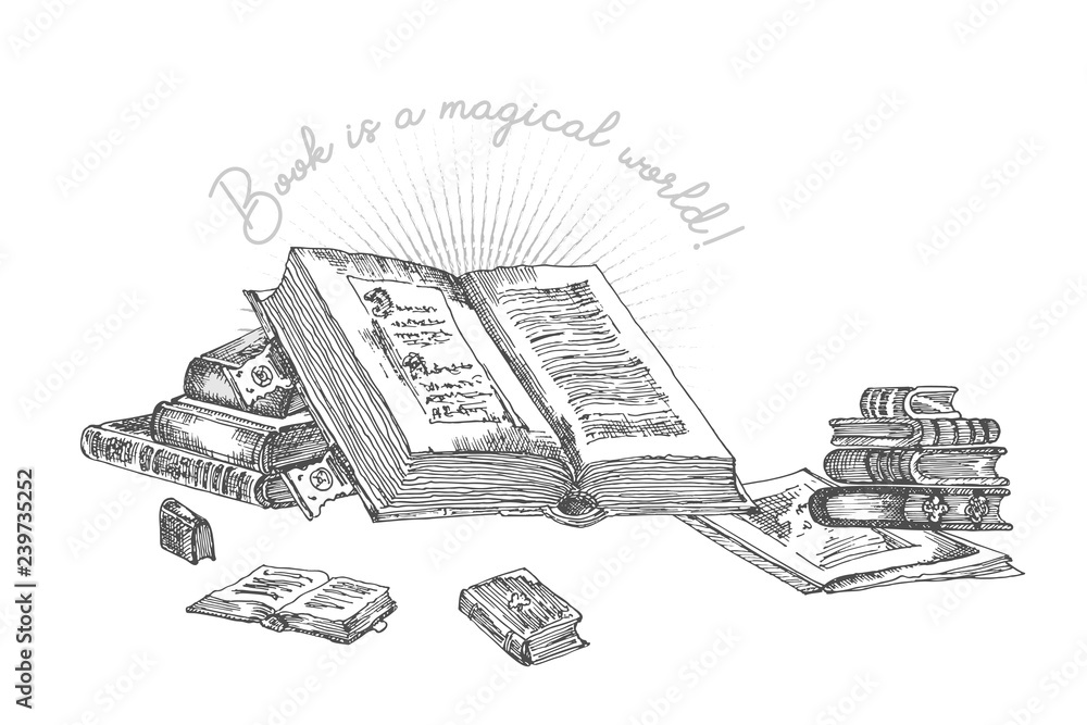 Fototapeta premium Banner with hand drawing sketch books isolated on white and text Book is a magical world. Concept vintage design for fair or festival flyer, bookshop advertising in engraving style