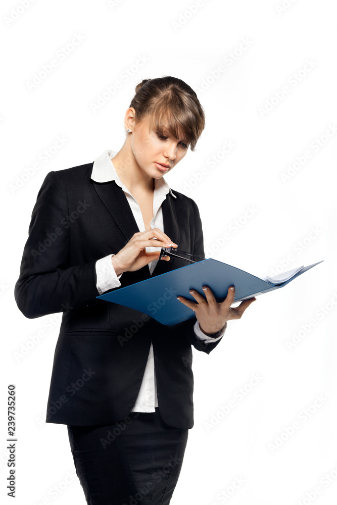 business woman with glasses holding folder and reading document, isolated on white background business woman with glasses holding folder and reading document, isolated on white background