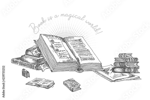 Banner with hand drawing sketch books isolated on white and text Book is a magical world. Concept vintage design for fair or festival flyer, bookshop advertising in engraving style