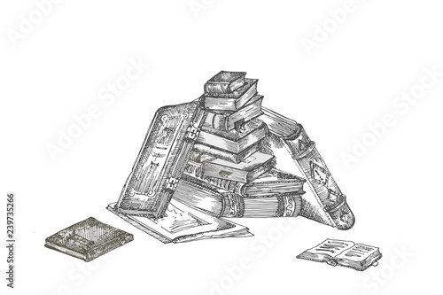 Banner with hand drawing sketch books. Concept vintage design for fair or festival flyer, paper, banner, school library retro poster, bookshop advertising in engraving style