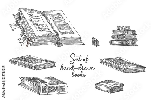 Set of hand drawing sketch books for concept vintage design fair or festival flyer, paper, banner, school library retro poster, bookshop advertising. in engraving style