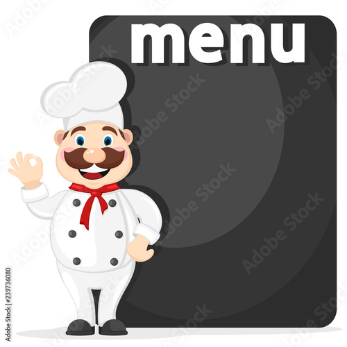 The chef is standing by the black Board for the menu.