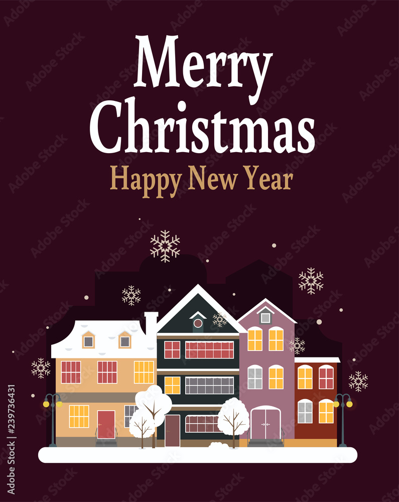 Christmas city card with winter town. Winter city street and Christmas fair flat landscape banners with traditional europe houses, New Year holidays and vacation concept backdrops