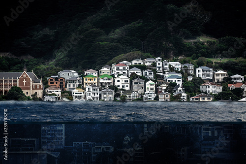 A concept of a city being reclaimed by the sea because of rising sea levels and global warming