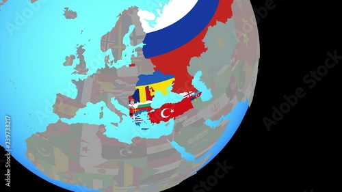 Zoom to BSEC countries with embedded national flags on blue political globe. 3D illustration. photo