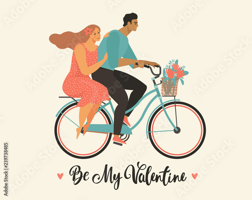 Happy couple is riding a bicycle together and happy valentines day. Illustration vector of Love and Valentine Day.