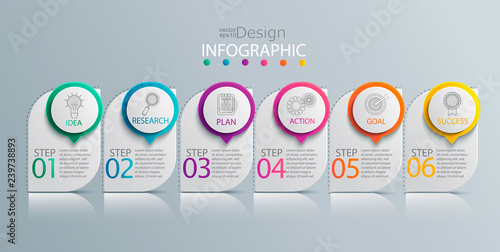 Paper infographic template with 6 options for presentation and data visualization. Business process chart. Diagram with six steps to success.For content, flowchart, workflow. Vector illustration