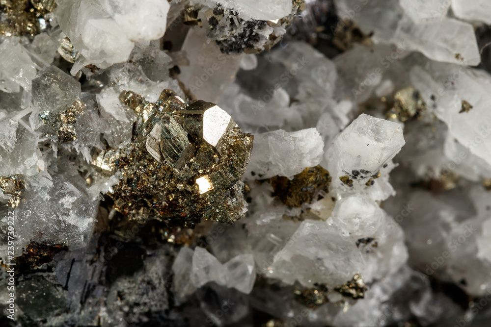 Macro mineral stone Galena, Sphalerite, Pyrite, Quartz on a black background Macro mineral stone Galena, Sphalerite, Pyrite, Quartz on a black background