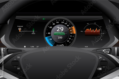 Electric car dashboard display closeup. Speedometer, battery level and efficiency indicator