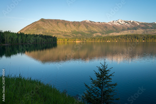 daytime mountain reflection in lakeshore