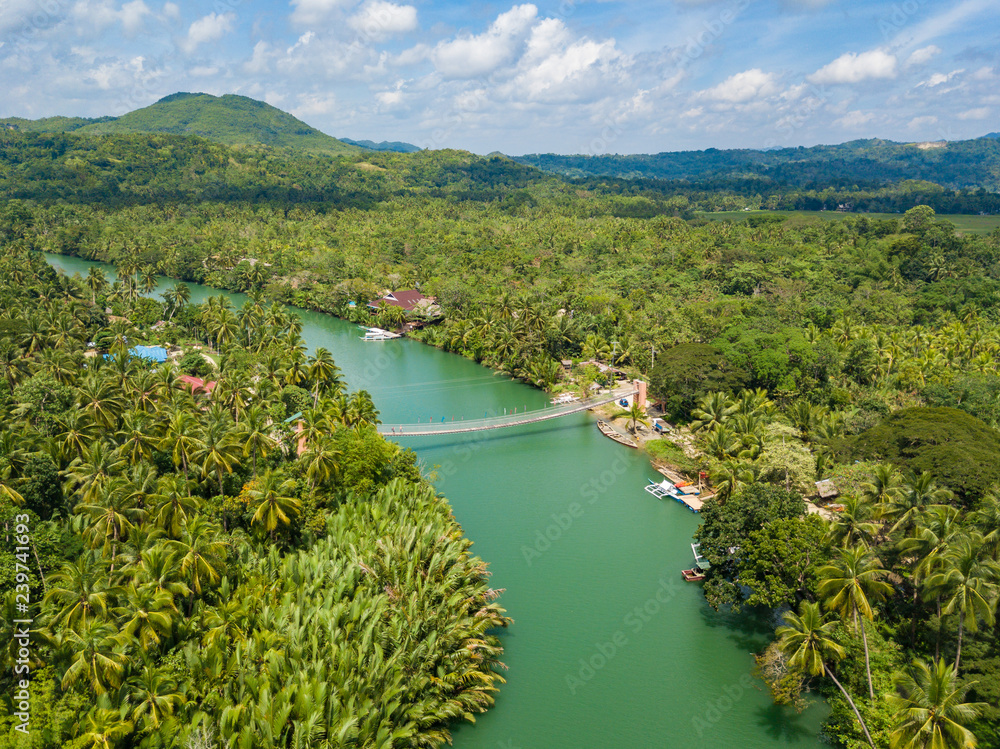 Aerial drone view to Loboc river. Mountain river flows through green forest. Bohol island, Philippines