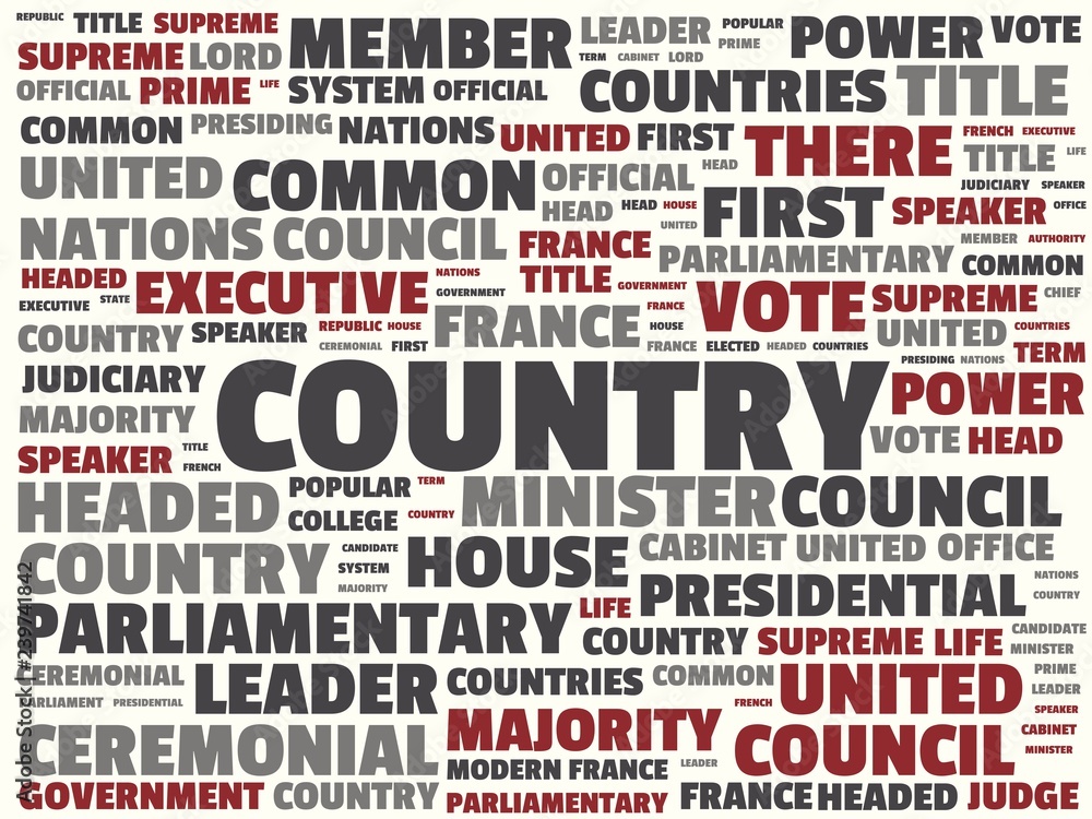 wordcloud with the main word country and associated words, abstract illustration