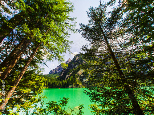 The Braies lake in the heart of the Dolomites in Trentino Alto Adige, rin a shot through the green trees. Here nature is amazing photo