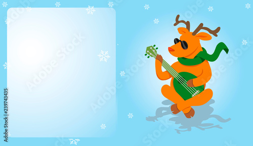 Reindeer playing the ukulele. Christmas card.