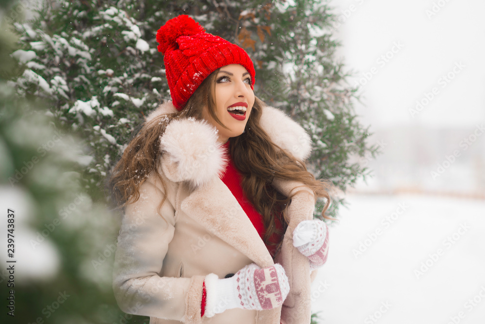 Winter day. Winter walk with a happy girl in a red hat. Winter holidays and weekends. Positive mood. Winter day. Winter walk with a happy girl in a red hat. Winter holidays and weekends. Positive mood.