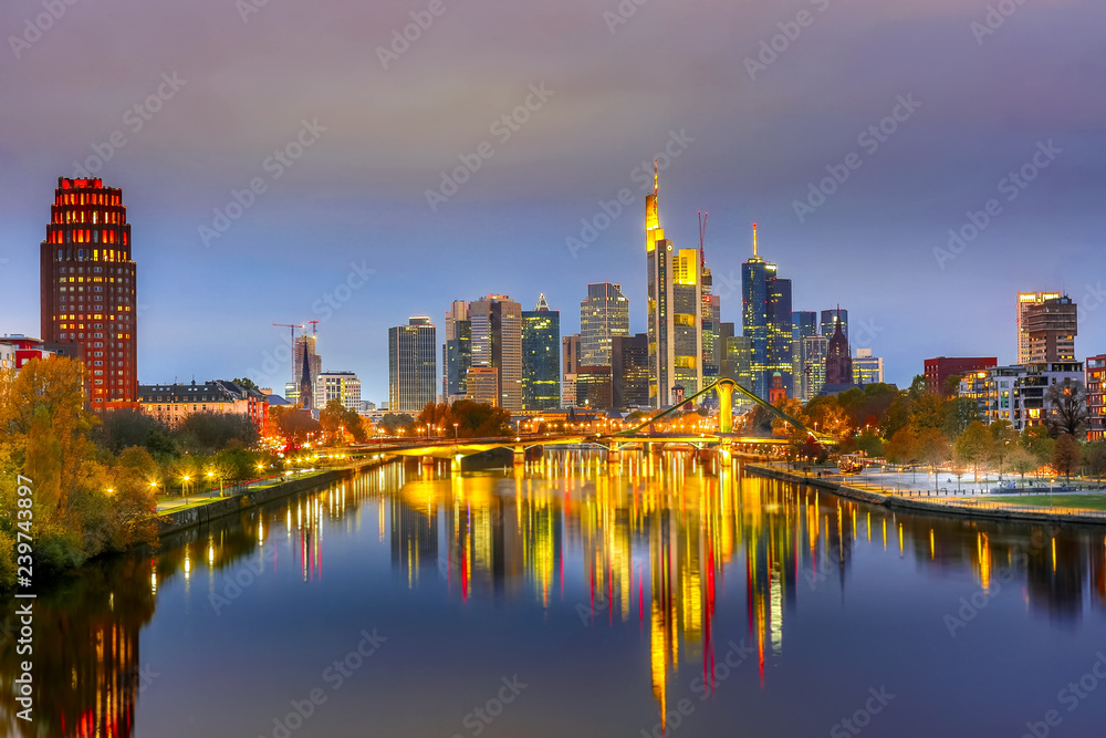 Fototapeta premium Skyline cityscape of Frankfurt, Germany during sunset. Frankfurt Main in a financial capital of Europe.