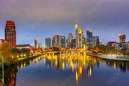 Skyline cityscape of Frankfurt, Germany during sunset. Frankfurt Main in a financial capital of Europe.