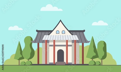 Buddhist temple exterior. Buddhism traditional religion temple building. Worship place. Vector illustration.