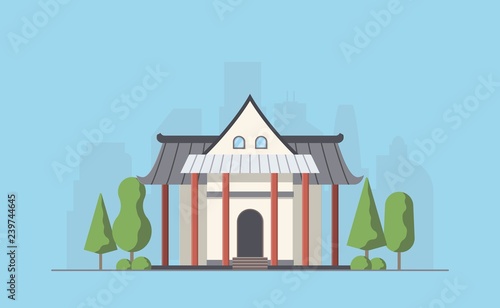 Buddhist temple exterior. Buddhism traditional religion temple building. Worship place. Vector illustration.