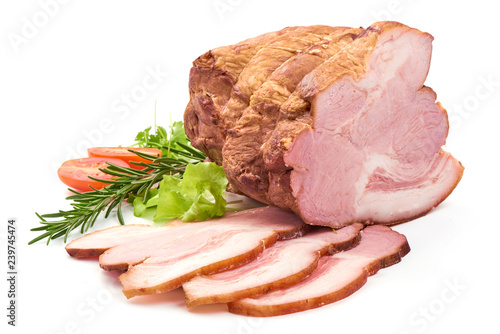 Smoked Ham boneless with slices, close-up, isolated on white background. Meatworks boiled ham photo