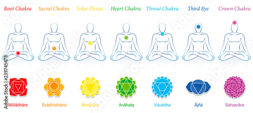 Chakras of a meditating man. Symbols with sanskrit names and appropriate colors. Isolated vector illustration on white background.
