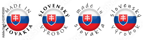 Simple Made in Slovakia / Slovensky vyrobok (Slovak translation) 3D button sign. Text around circle with national flag. Decent and casual font version.