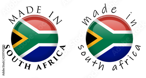 Simple Made in South Africa button sign. Text around circle with national flag. Decent and casual font version.