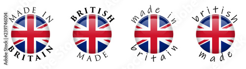 Simple Made in Britain / British 3D button sign. Text around circle with Union Jack flag. Decent and casual font version.