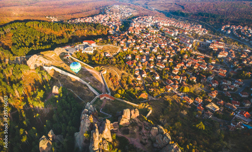 Aerial look of the town in the mountans Belogradchick in autumn photo