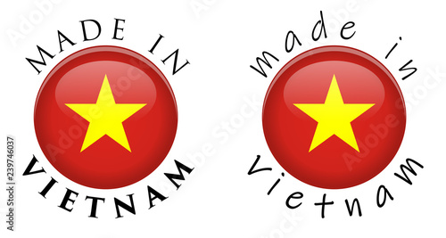 Simple Made in Vietnam 3D button sign. Text around circle with Vietnamese flag. Decent and casual font version.