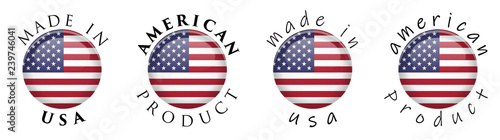 Simple Made in USA / American product 3D button sign. Text around circle with US flag. Decent and casual font version.