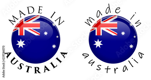 Simple Made in Australia 3D button sign. Text around circle with Australian flag. Decent and casual font version.