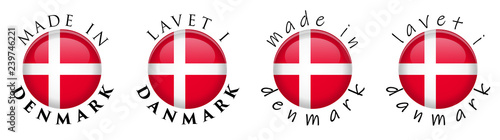 Simple Made in Denmark / Lavet in Danmark (Danish translation) 3D button sign. Text around circle with national flag. Decent and casual font version.
