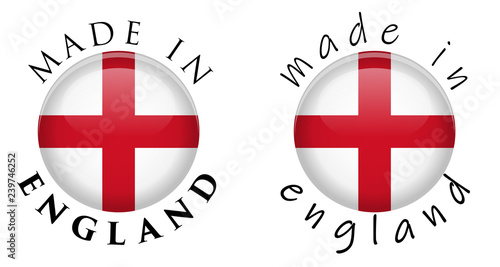 Simple Made in England 3D button sign. Text around circle with English flag. Decent and casual font version.