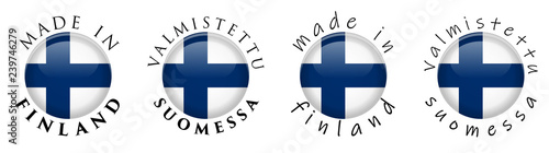 Simple Made in Finland / Valmistettu Suomessa (Finnish translation) 3D button sign. Text around circle with national flag. Decent and casual font version.