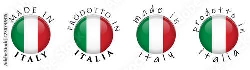 Simple Made in Italy/ Prodotto in Italia (Italian translation) 3D button sign. Text around circle with national flag. Decent and casual font version.