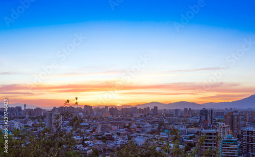 View of the city from the hill of San Cristobal, Santiago, Chile. Top view. Copy space for text. photo