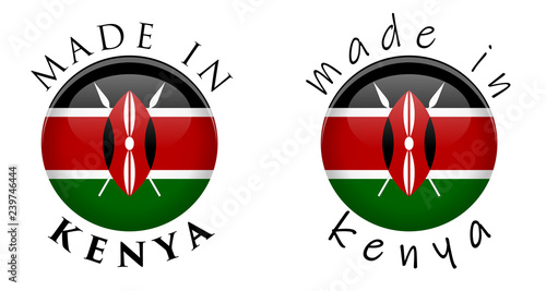 Simple Made in Kenya 3D button sign. Text around circle with Kenyan flag. Decent and casual font version.