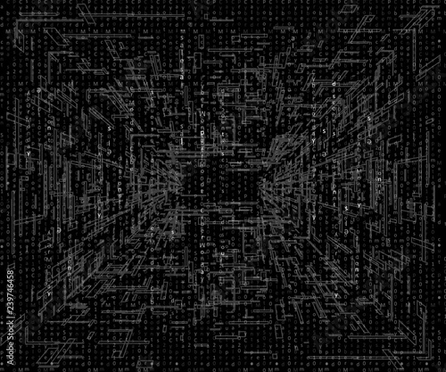 Black Cyberpunk retro abstract letters background of the 80s. Futuristic synth prospect in 1980s style.