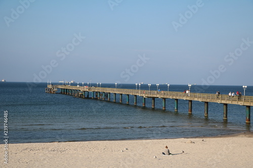 Long wooden pier of Binz  Island R  gen at Baltic Sea in Germany