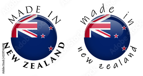 Simple Made in New Zealand 3D button sign. Text around circle with national flag. Decent and casual font version.