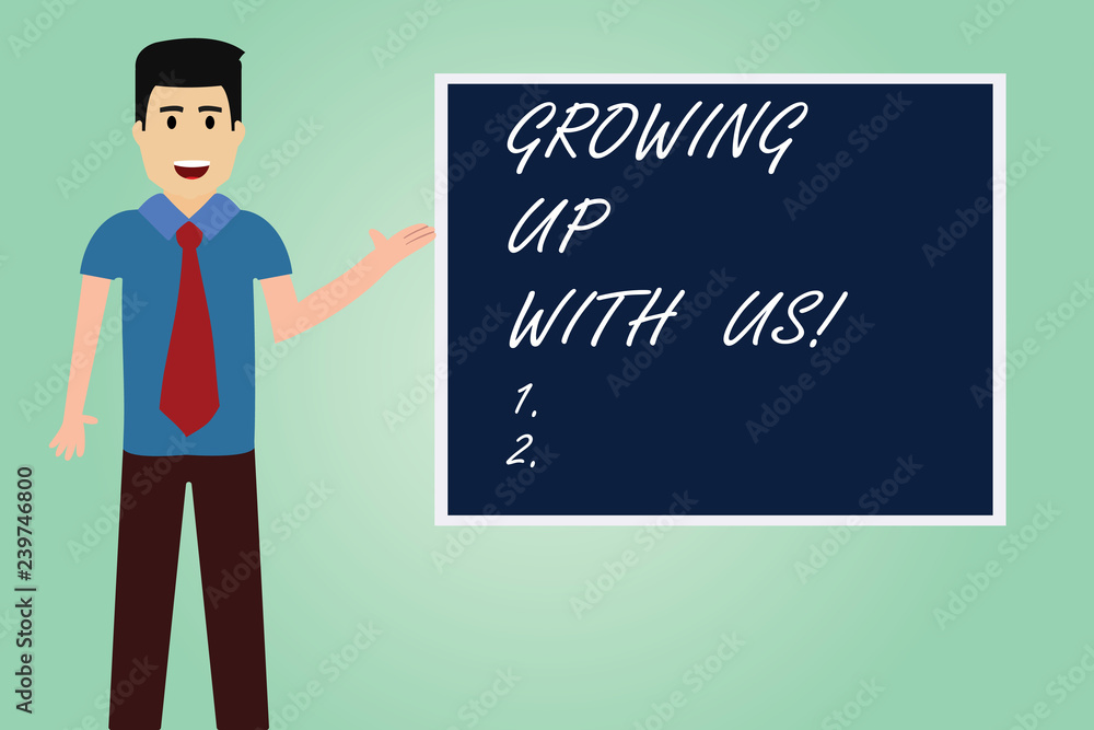 Handwriting text writing Growing Up With Us. Concept meaning Offering help assistance to make your business grow Man with Tie Standing Talking Presenting Blank Color Square Board photo Handwriting text writing Growing Up With Us. Concept meaning Offering help assistance to make your business grow Man with Tie Standing Talking Presenting Blank Color Square Board photo